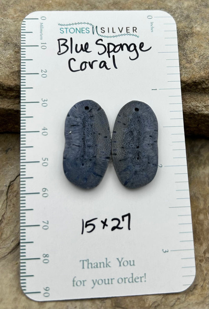 Blue Sponge Matching Earring Slab Bead Pair 15x27mm - Coral