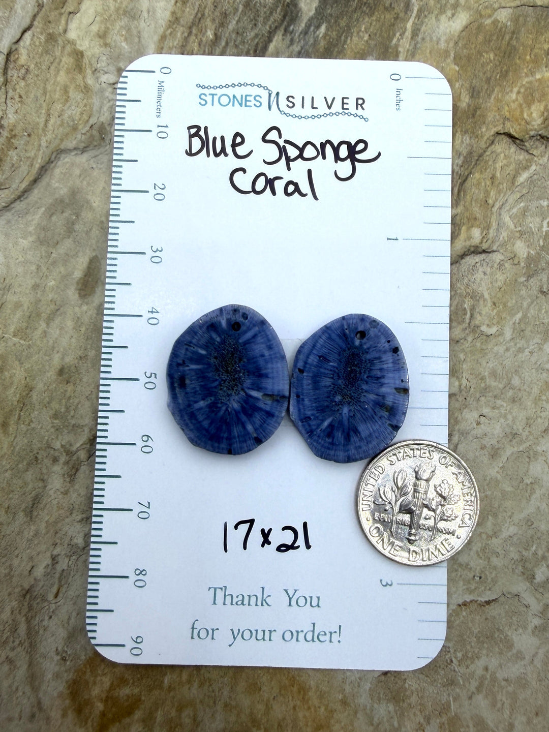 Blue Sponge Matching Earring Slab Bead Pair 17x21mm - Coral