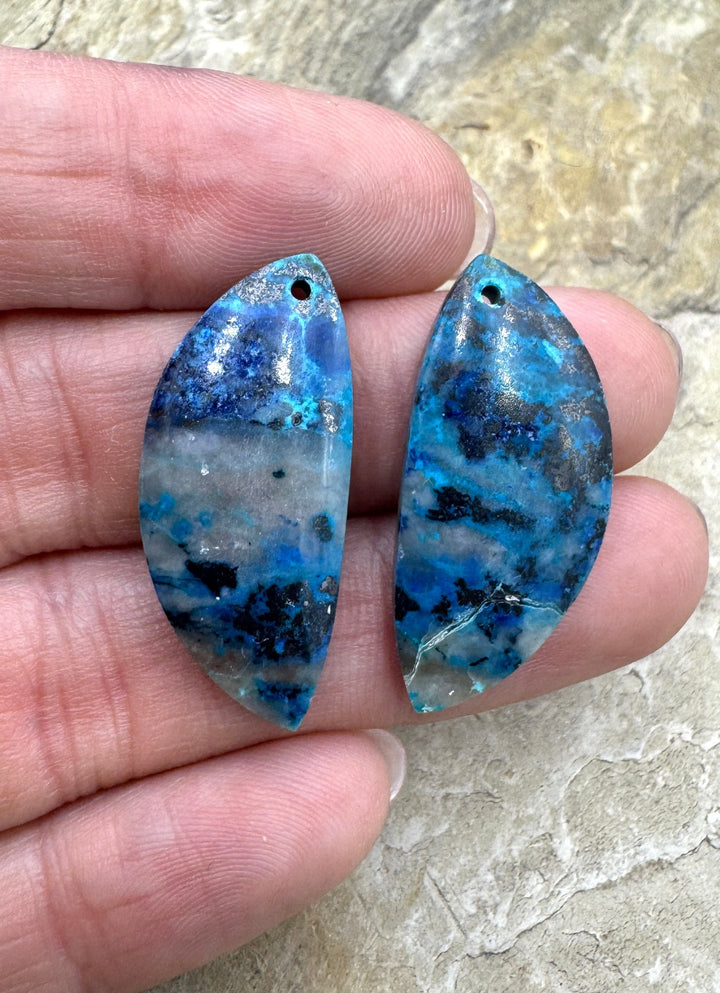 Chrysocolla Earring Slab Bead Pair 13x30mm - Parrot Wing