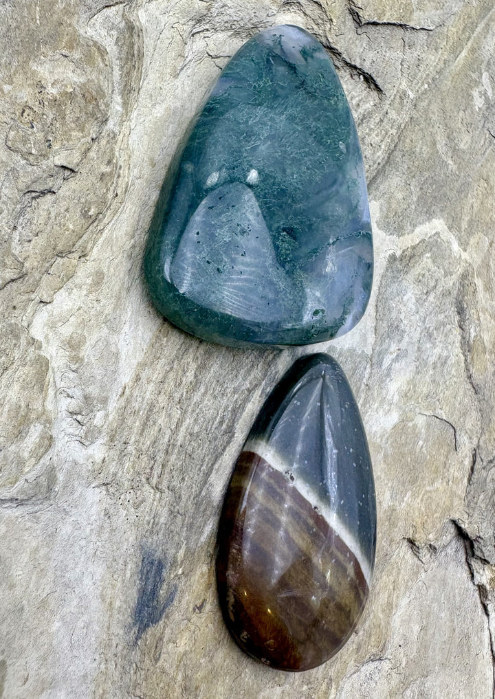 CLOSEOUT LOT 2 Large Cabochons Moss Agate and Polychrome