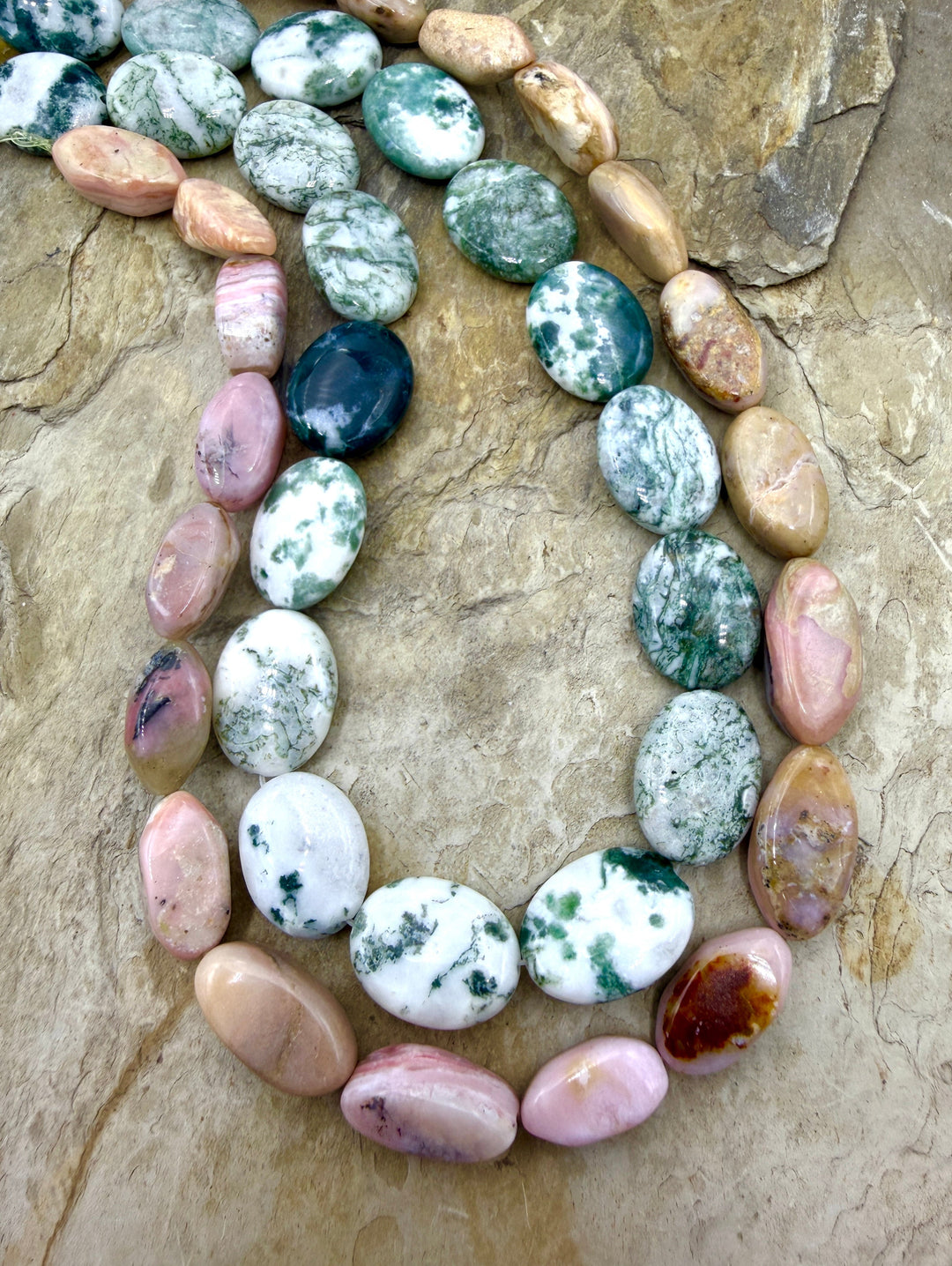 CLOSEOUT Lot of 2 Full Bead Strands Pink Opal and Dendritic