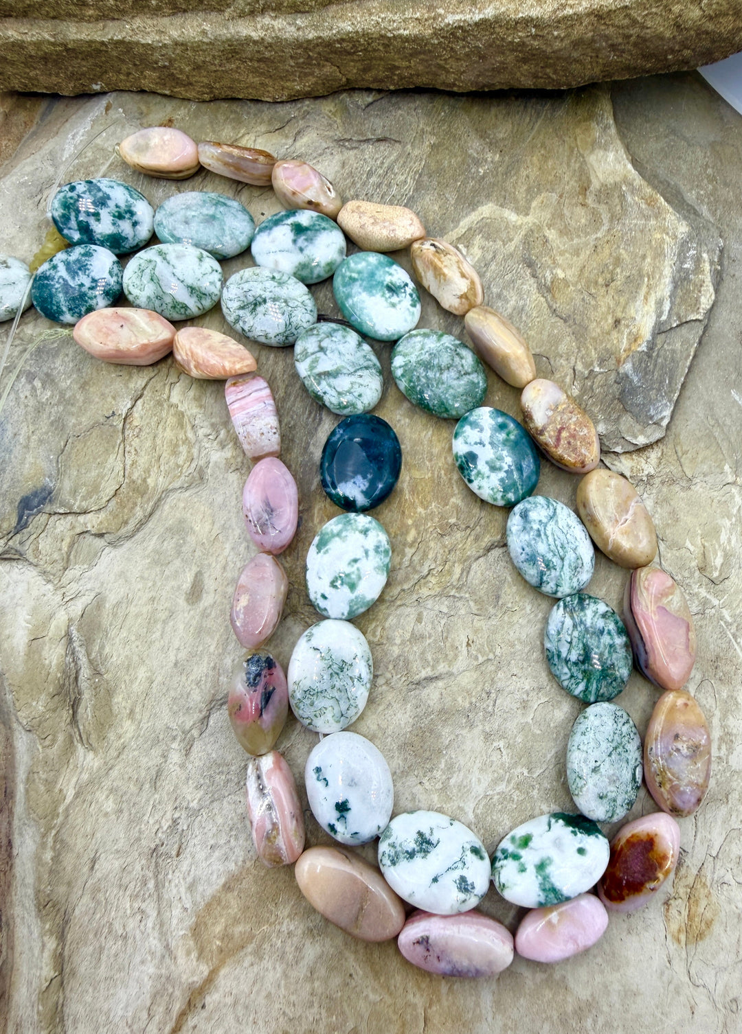 CLOSEOUT Lot of 2 Full Bead Strands Pink Opal and Dendritic