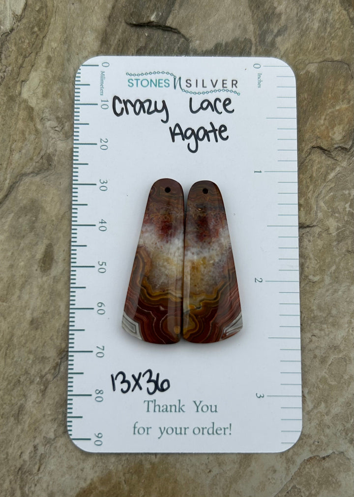 Crazy Lace Agate Earring Bead Slab Pair 13x36mm - Laguna