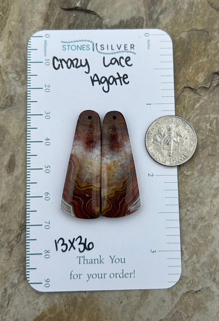Crazy Lace Agate Earring Bead Slab Pair 13x36mm - Laguna