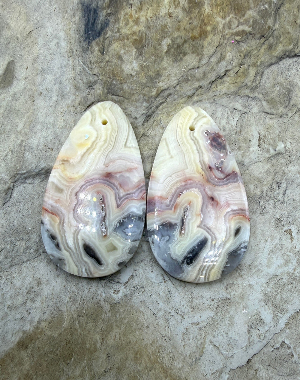 Crazy Lace Agate Matching Earring Slab Bead Pair 19x34mm