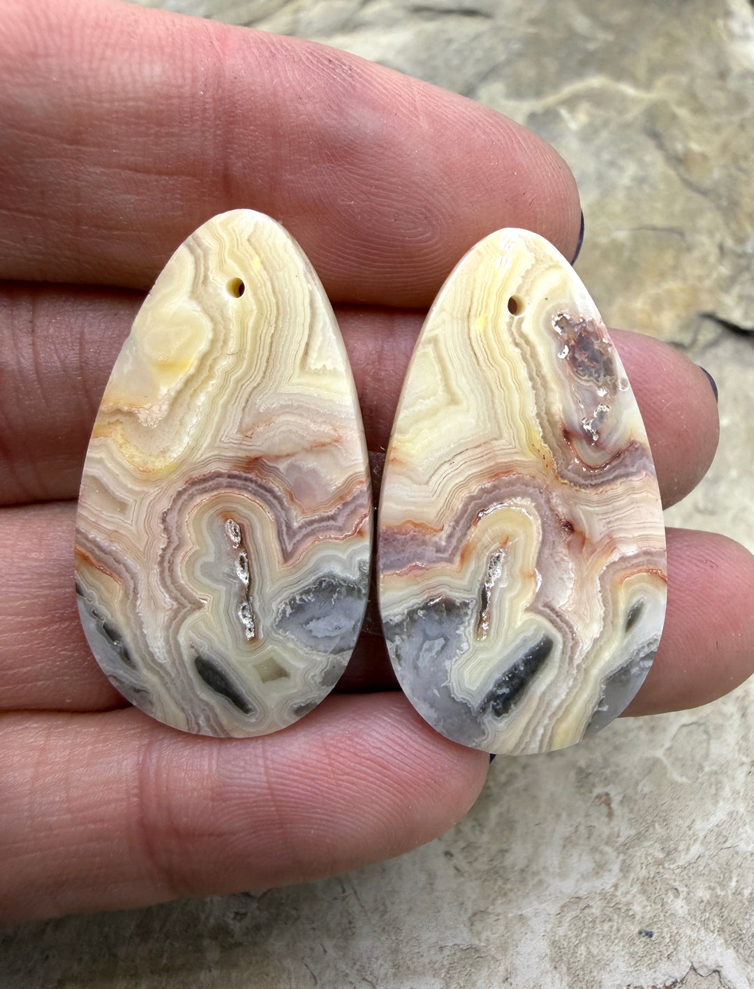 Crazy Lace Agate Matching Earring Slab Bead Pair 19x34mm