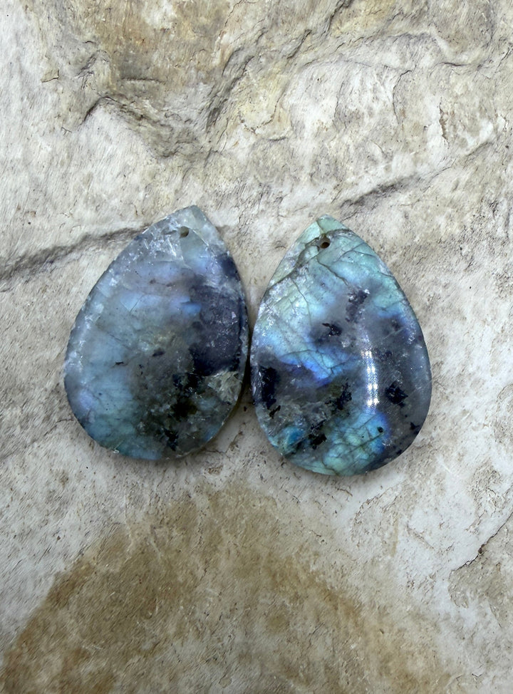 Flashy Labradorite Matching Earring Slab Bead Pair 12x25mm