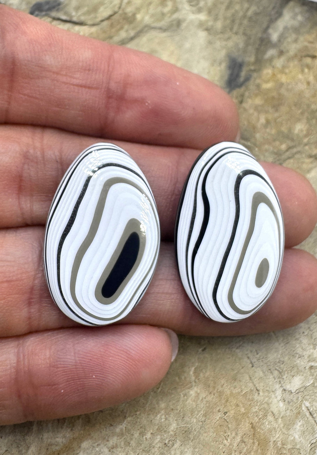 Fordite/ Detroit Agate Black Silver and White Cabochon Pair