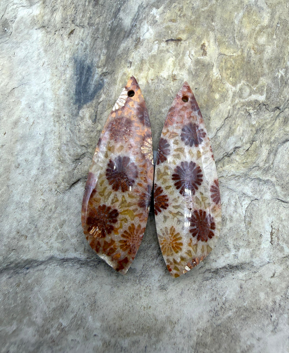 Fossil Coral BIG Matching Earring Slab Bead Pair 11x33mm