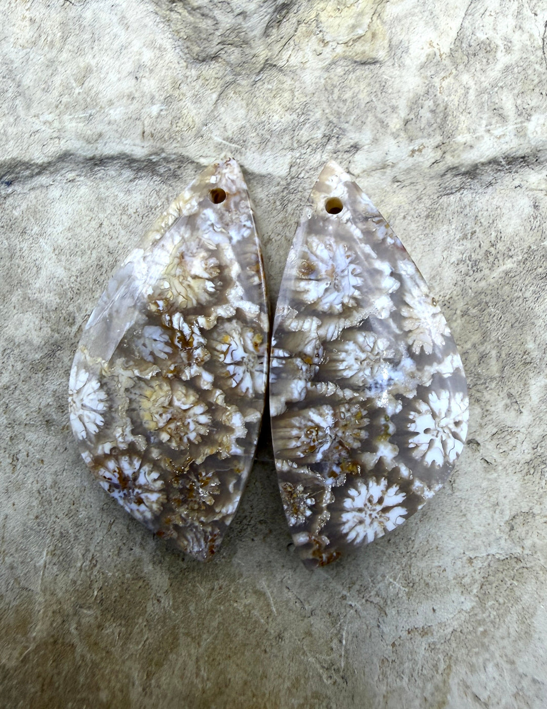 Fossil Coral Matching Earring Slab Bead Pair 13x25mm