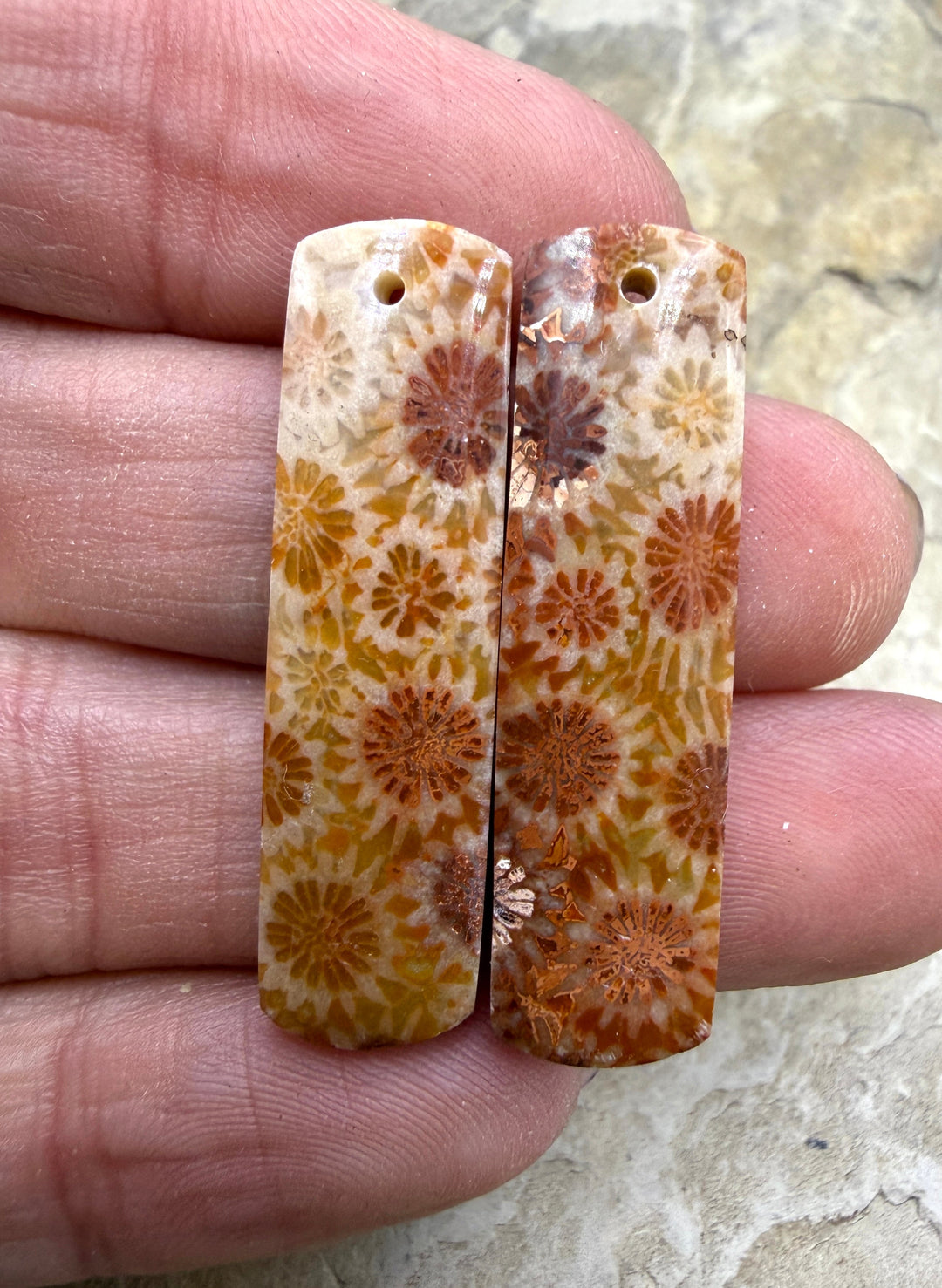 Fossil Coral Matching Earring Slab Bead Pair 9x34mm