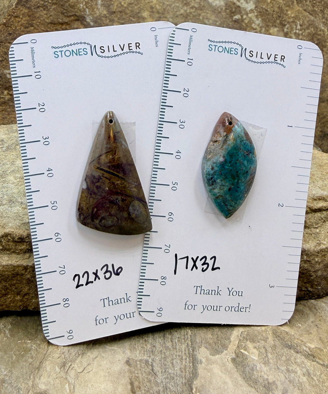 FRIDAY BARGAIN BUY LOT of 2 Focal Peandant Beads, Fossil Stone and Chrysocolla