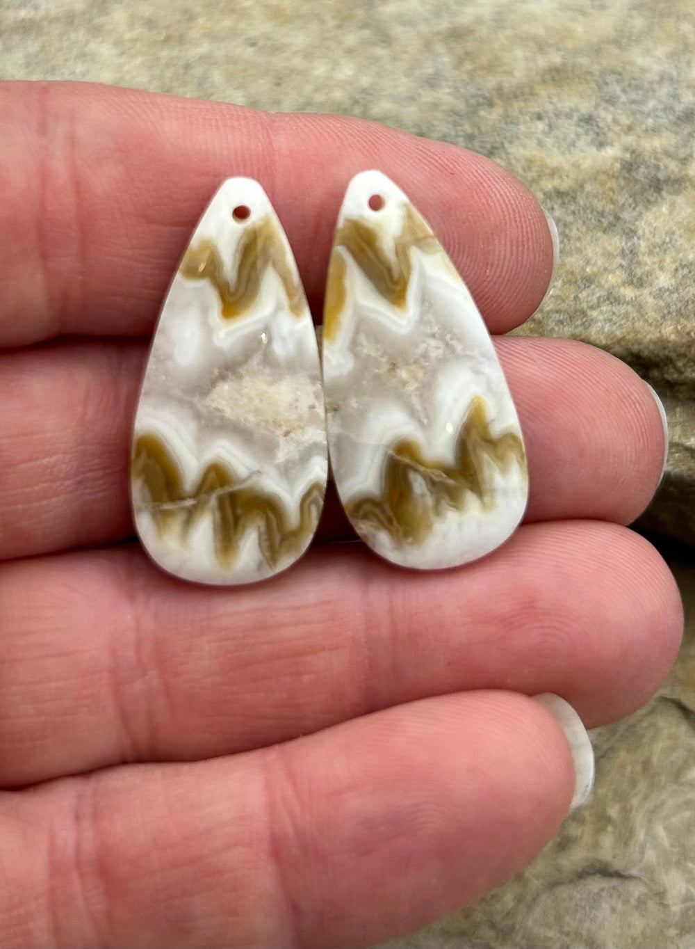Green and White Lace Agate Earring Bead Slab Pair 15x31mm