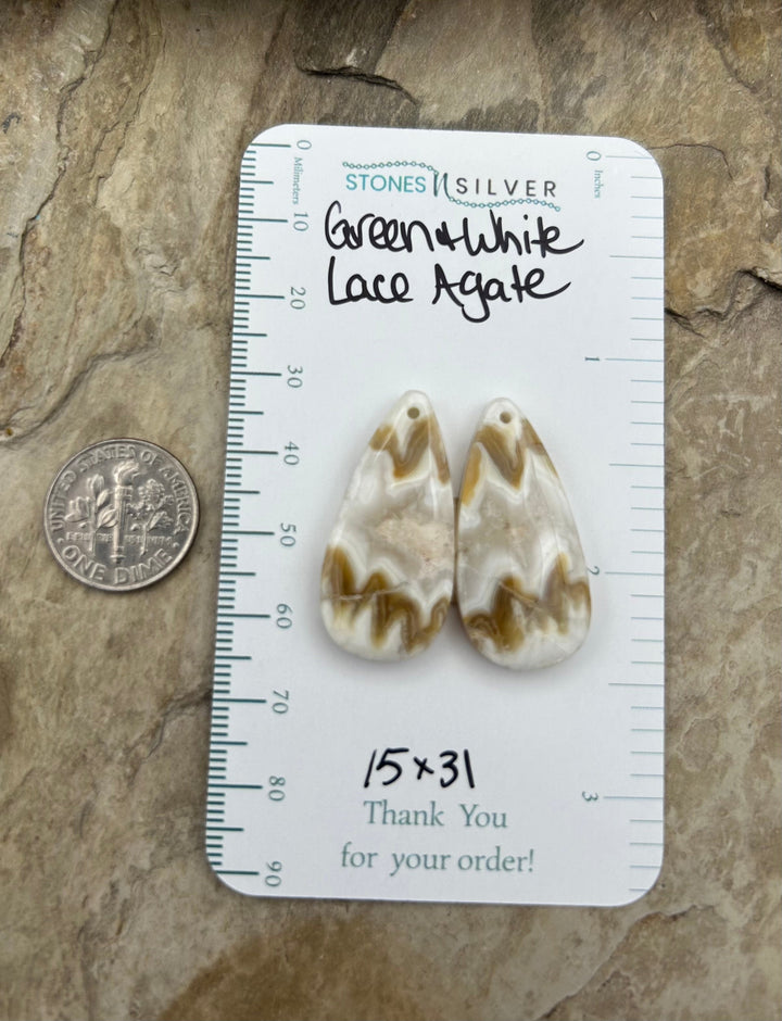 Green and White Lace Agate Earring Bead Slab Pair 15x31mm