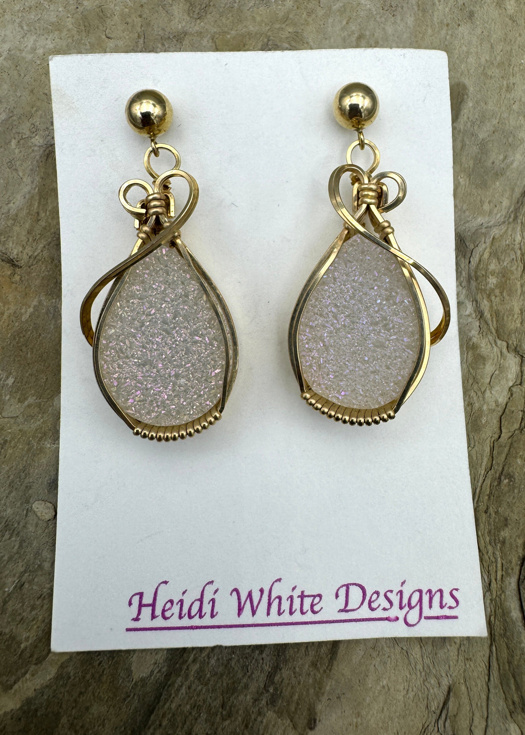 Heidi White Designs Wire Wrapped White Druzy Earrings