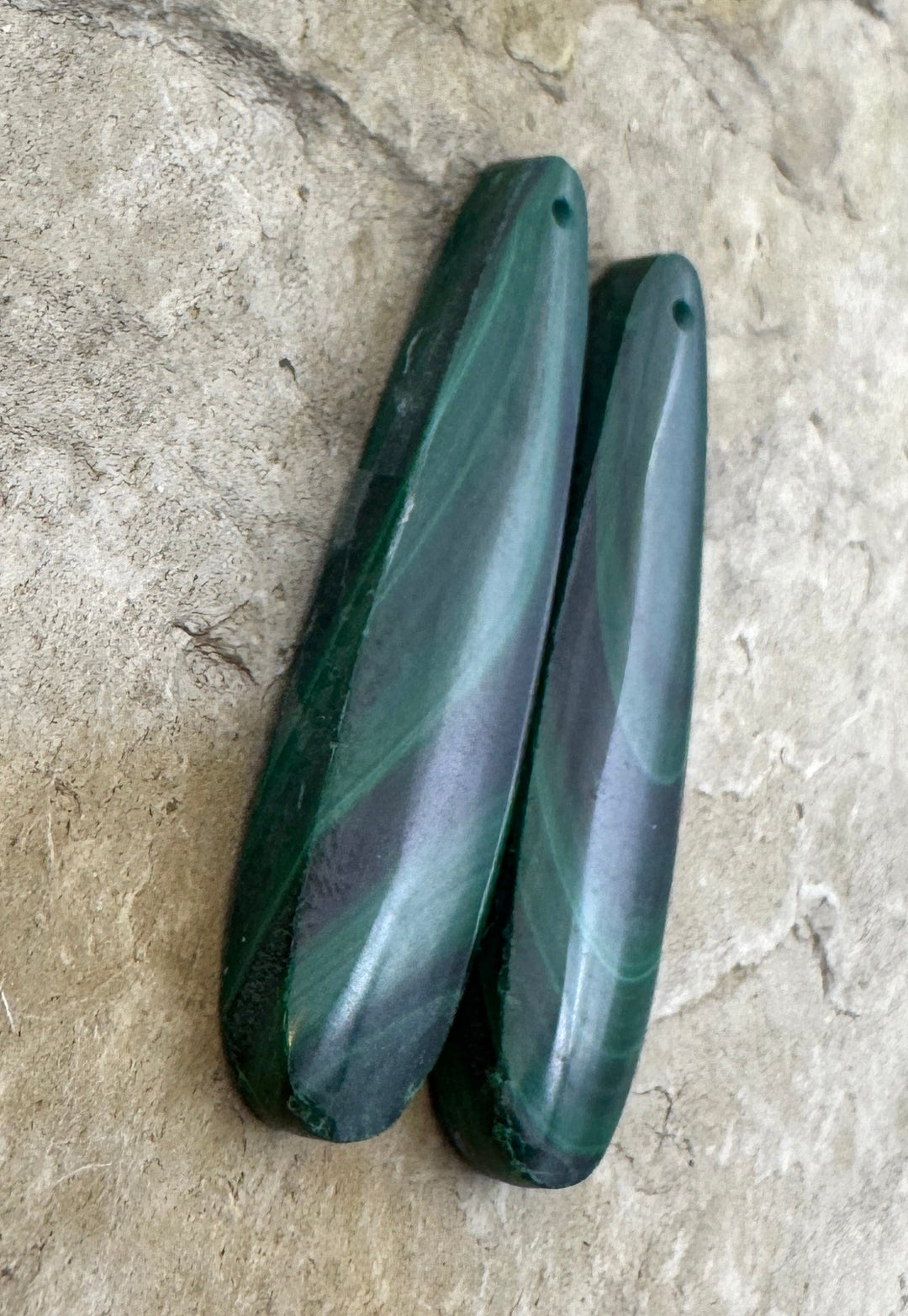 High Pattern Malachite LONG Matching Earring Slab Bead Pair
