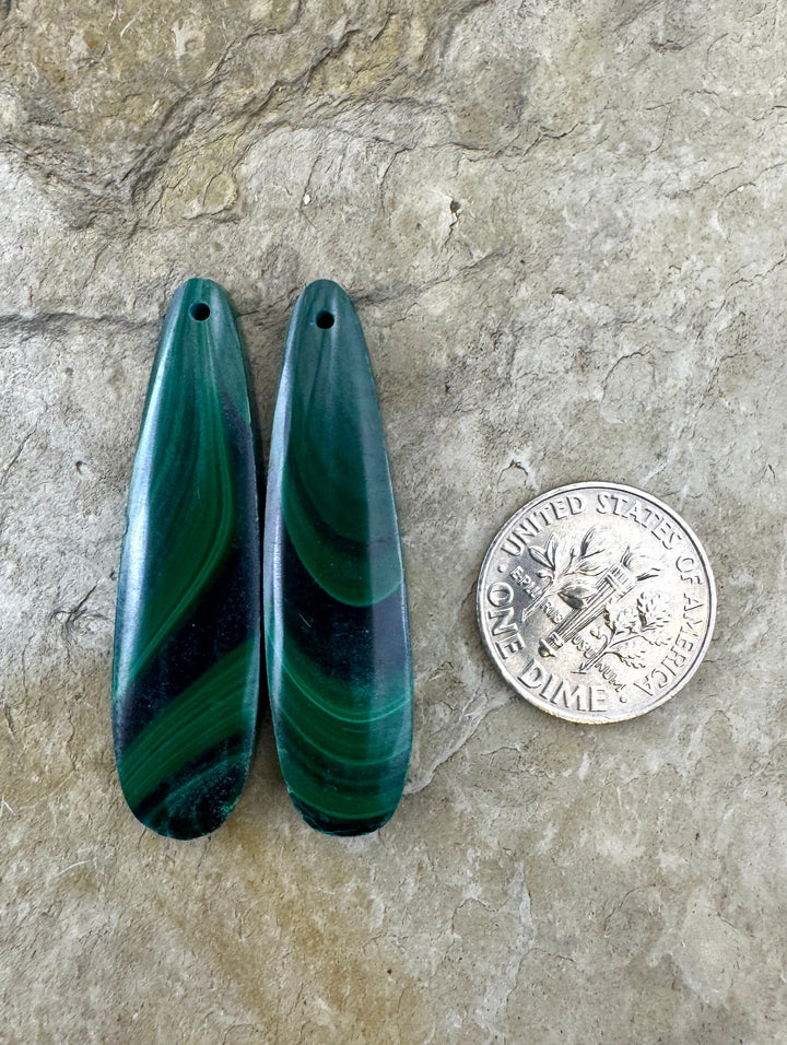 High Pattern Malachite LONG Matching Earring Slab Bead Pair