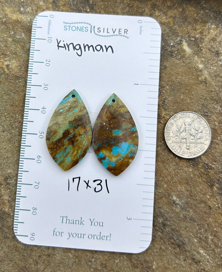 Kingman Turquoise (Arizona) Earring Slab Bead Pair 17x31mm