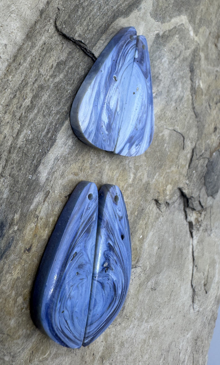 Leland Blue/Blue Slag Matching Earring Slab Bead Pair