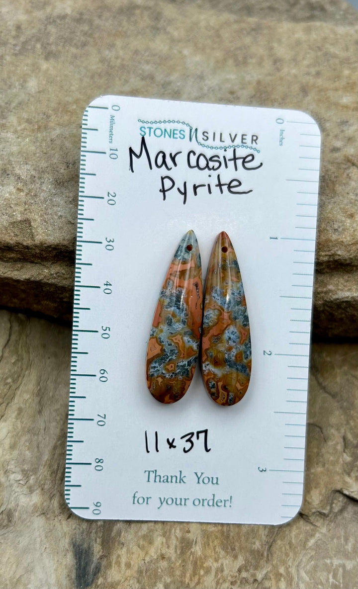 Marcasite Pyrite Matching Earring Slab Bead Pair 11x37mm
