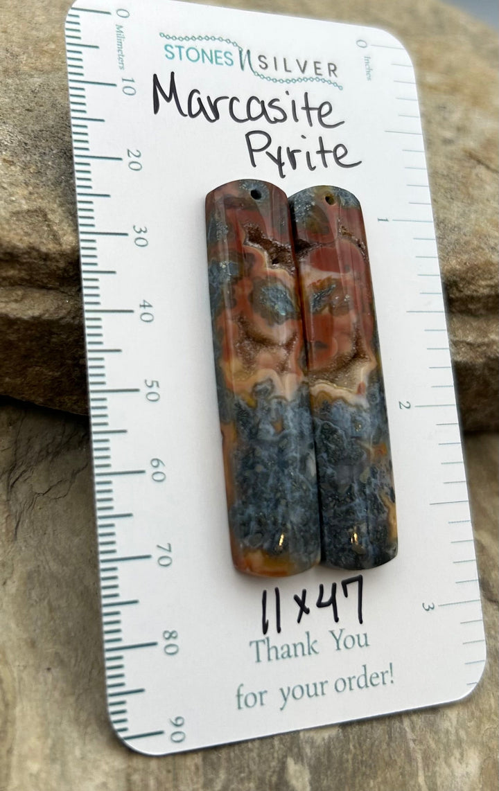 Marcasite Pyrite Matching Earring Slab Bead Pair 11x47mm