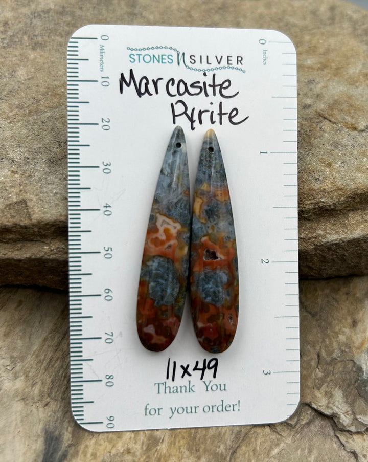 Marcasite Pyrite Matching Earring Slab Bead Pair 11x49mm
