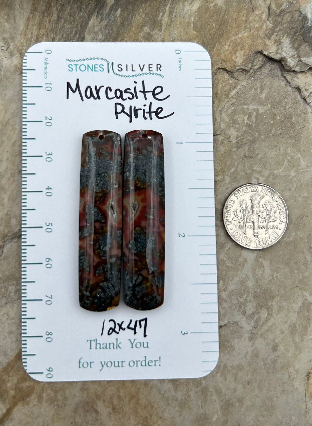 Marcasite Pyrite Matching Earring Slab Bead Pair 12x47mm