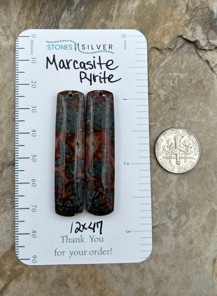 Marcasite Pyrite Matching Earring Slab Bead Pair 12x47mm