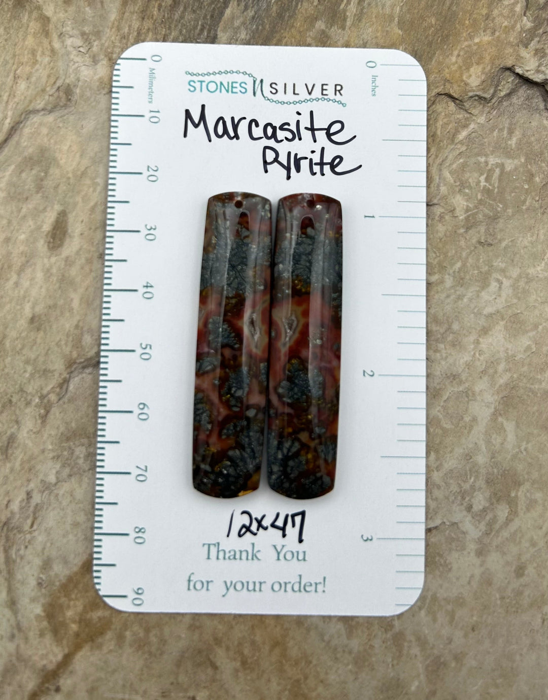 Marcasite Pyrite Matching Earring Slab Bead Pair 12x47mm