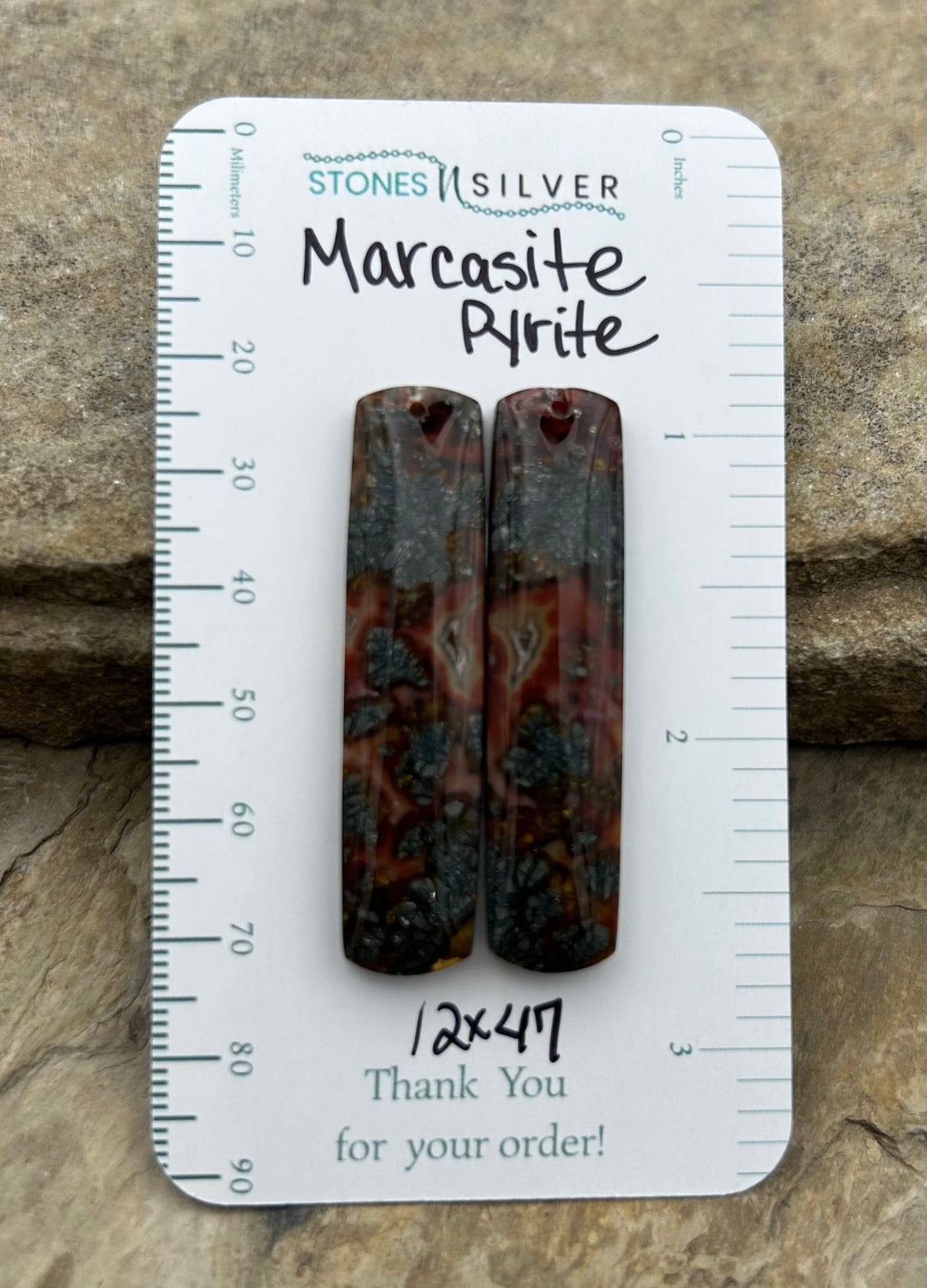 Marcasite Pyrite Matching Earring Slab Bead Pair 12x47mm