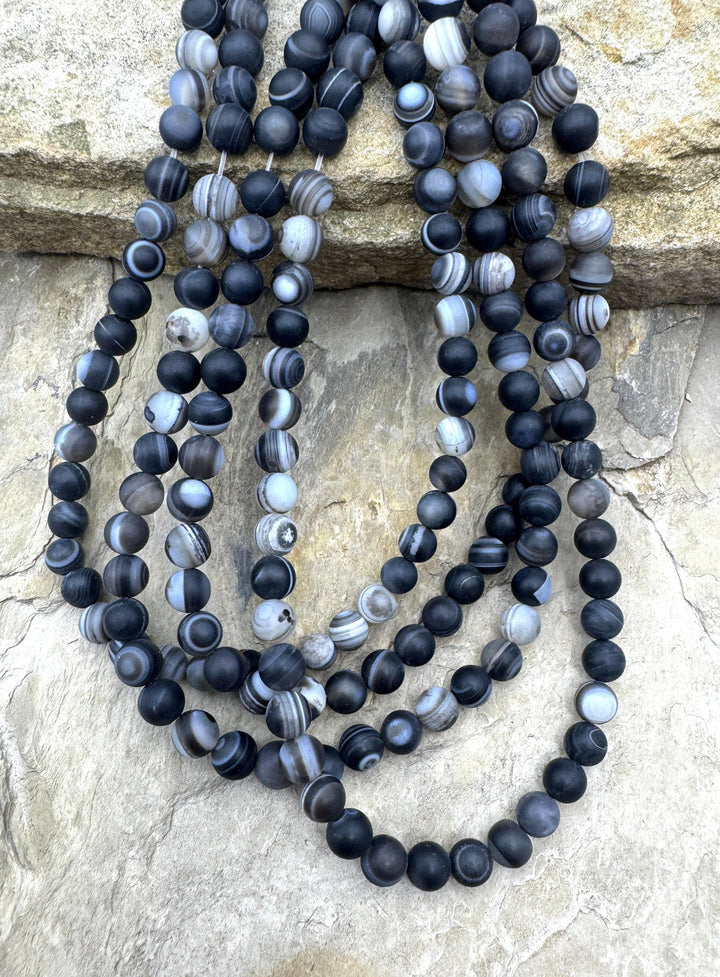 Matte Black and White Banded Agate 6mm Round Beads 16 inch