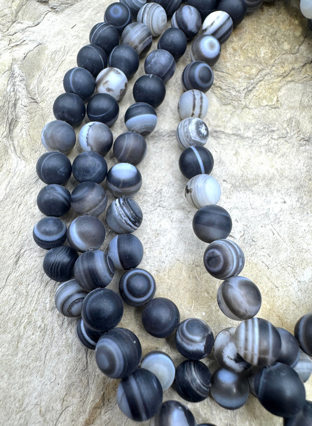 Matte Black and White Banded Agate 6mm Round Beads 16 inch