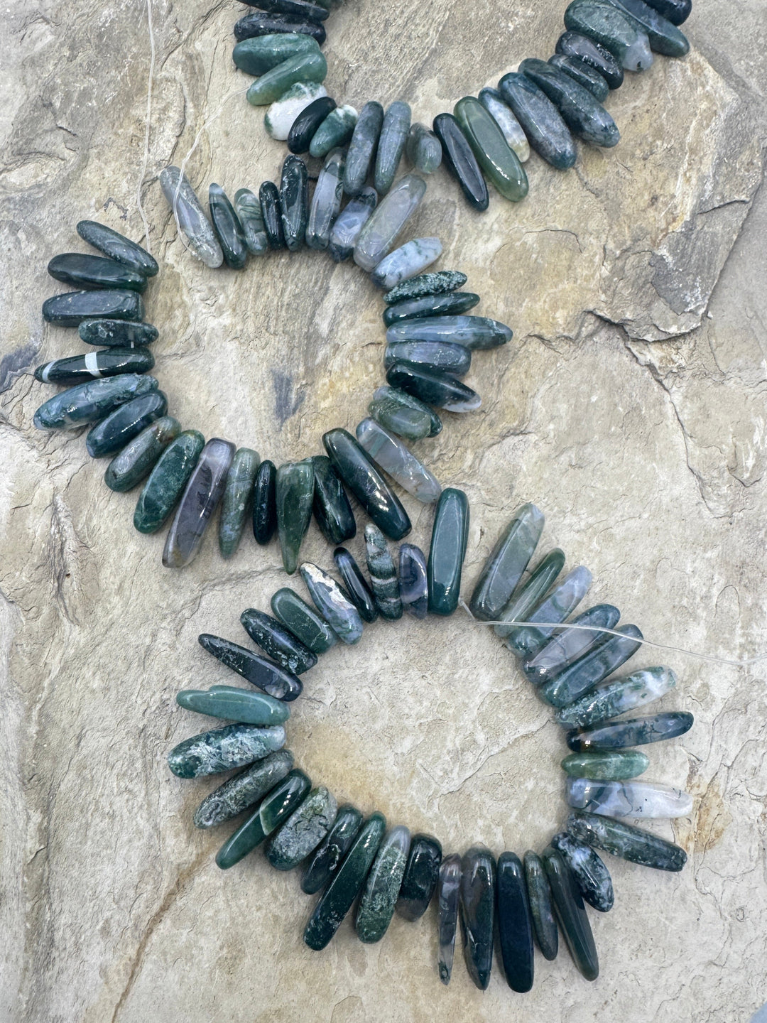 Moss Agate 12-18mm Stick Beads 6 inch Strands - Montana