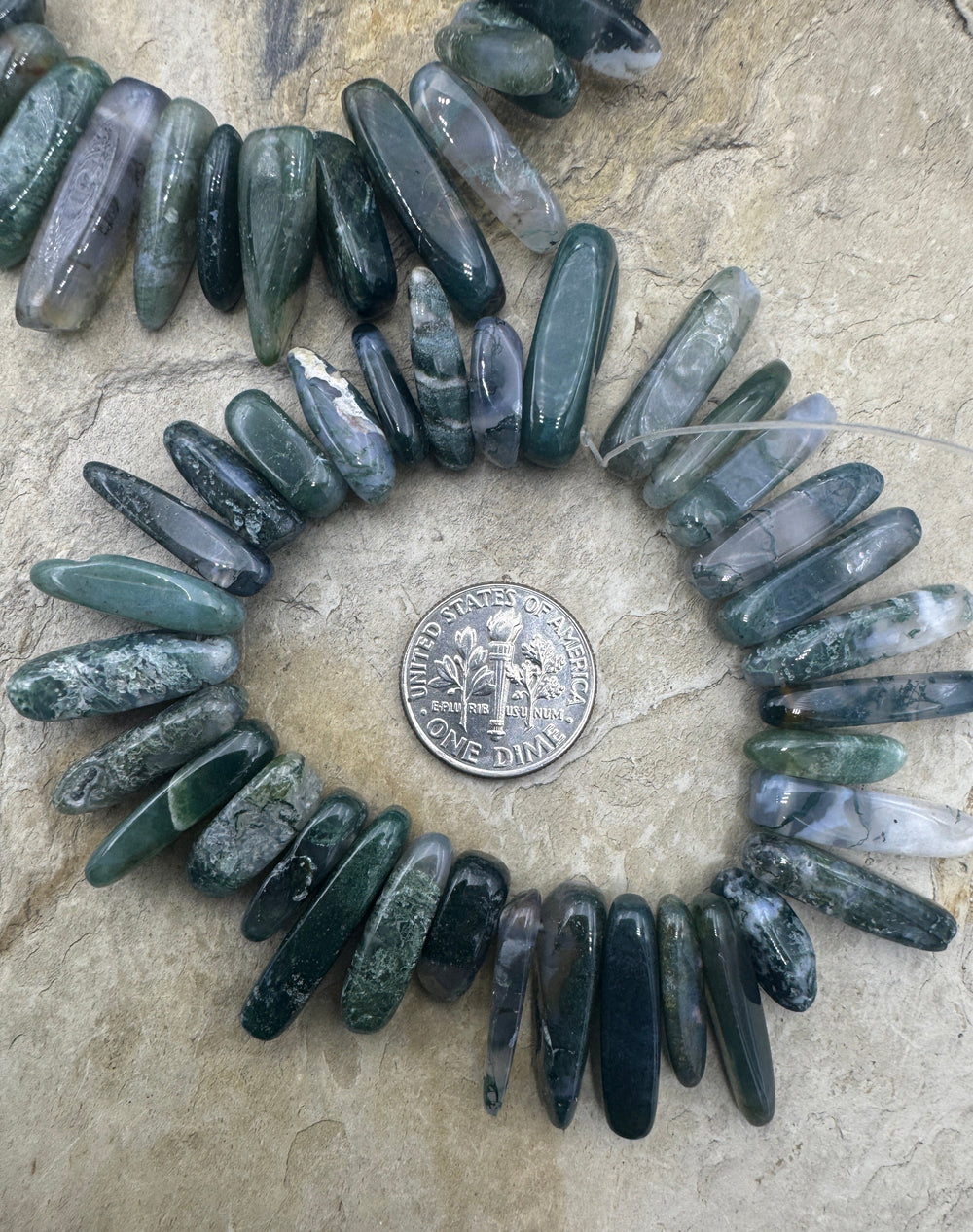 Moss Agate 12-18mm Stick Beads 6 inch Strands - Montana