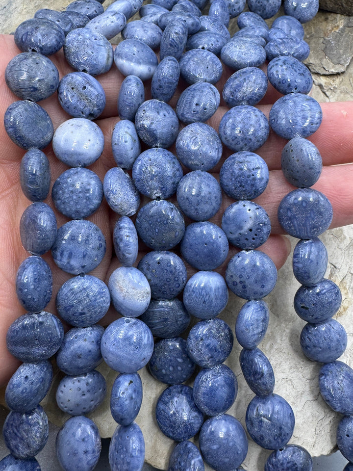 Natural Blue Sponge Coral 12mm Coin Beads 16 inch Strand