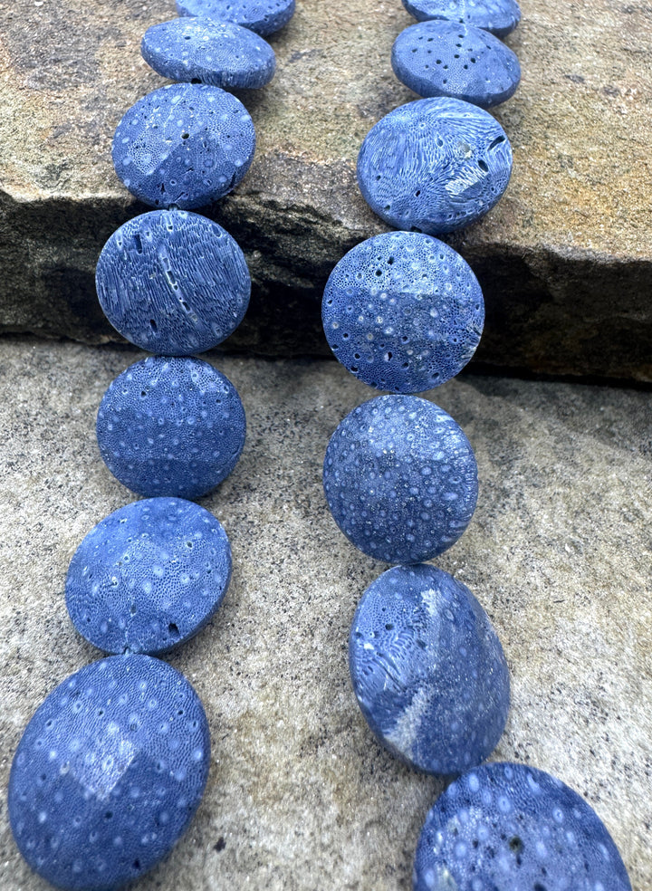Natural Blue Sponge Coral 16mm Faceted Coin Beads 7.5 inch