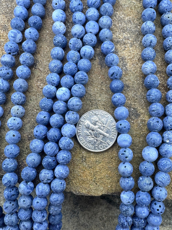 Natural Blue Sponge Coral 6mm Round Beads 16 inch Strand