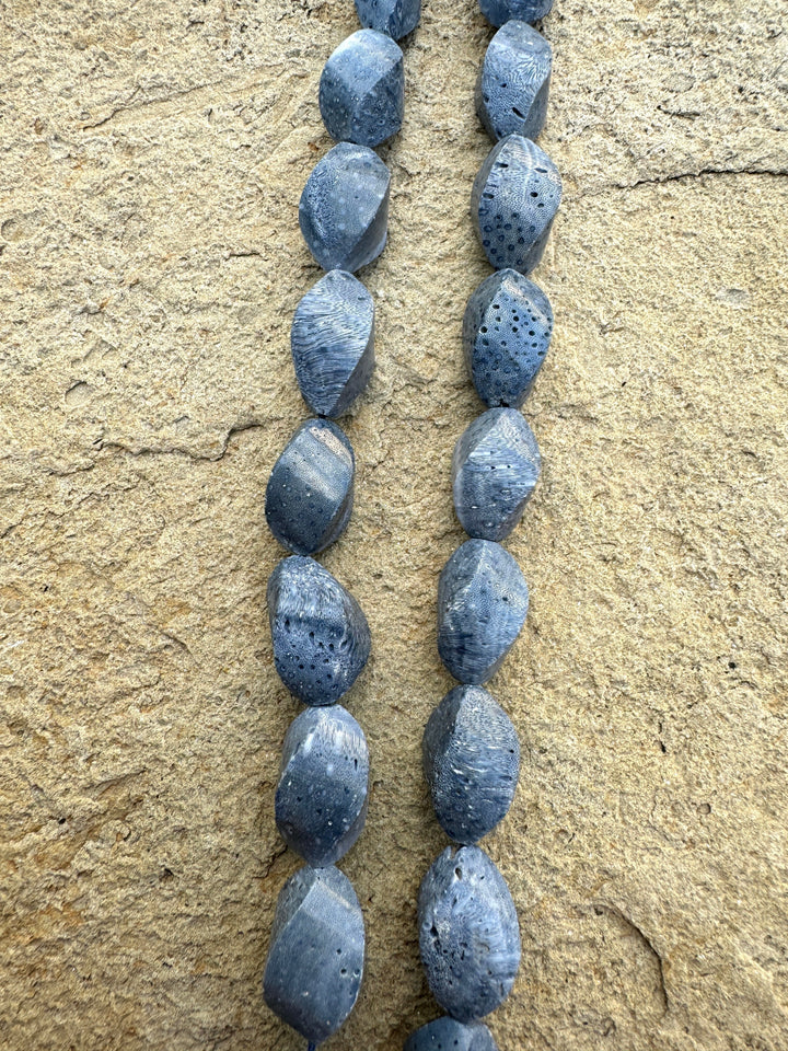 Natural Blue Sponge Coral Twist 12x20mm Beads 8 inch