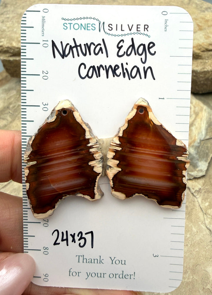 Natural Edge Carnelian Agate Earring Slab Bead Pair 24x37mm