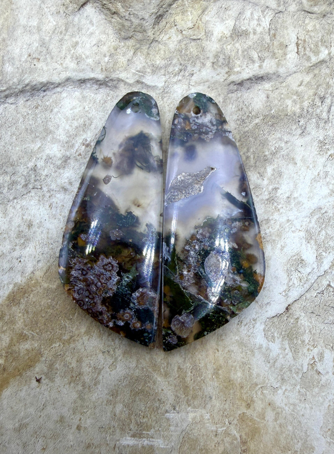 Natural Moss Agate Earring Slab Bead Pair 15x38mm