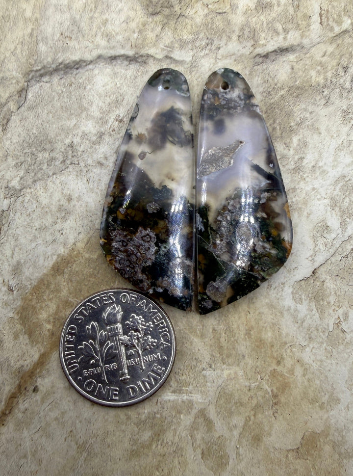 Natural Moss Agate Earring Slab Bead Pair 15x38mm