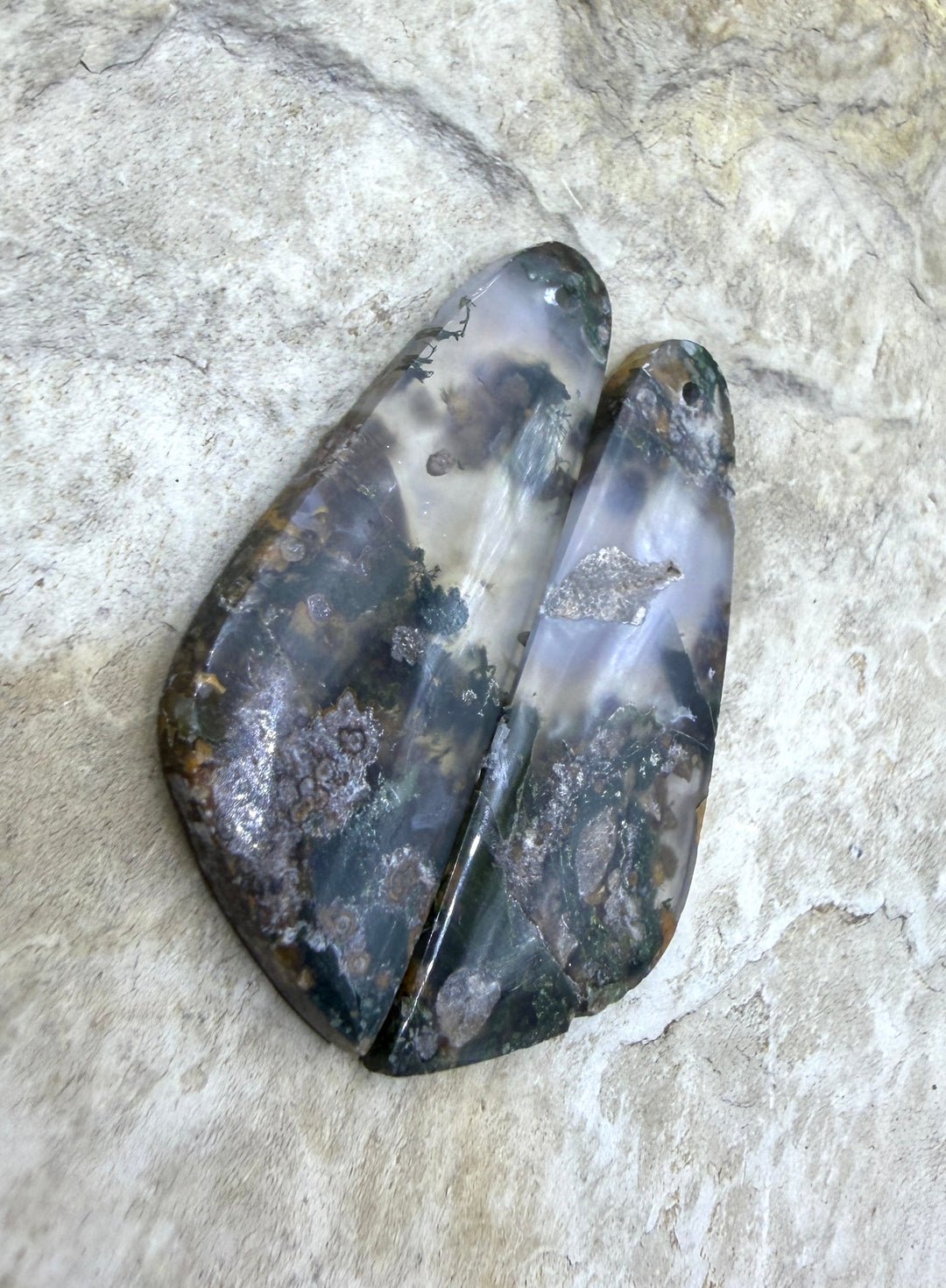 Natural Moss Agate Earring Slab Bead Pair 15x38mm