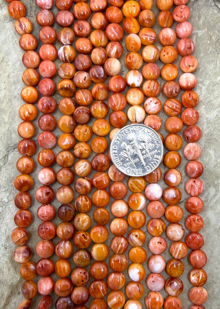 Orange/Red Spiny Oyster 6mm Puffed Coin Beads One 16 Inch