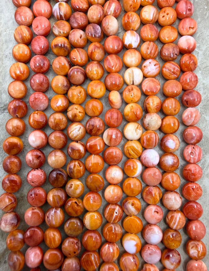 Orange/Red Spiny Oyster 6mm Puffed Coin Beads One 16 Inch