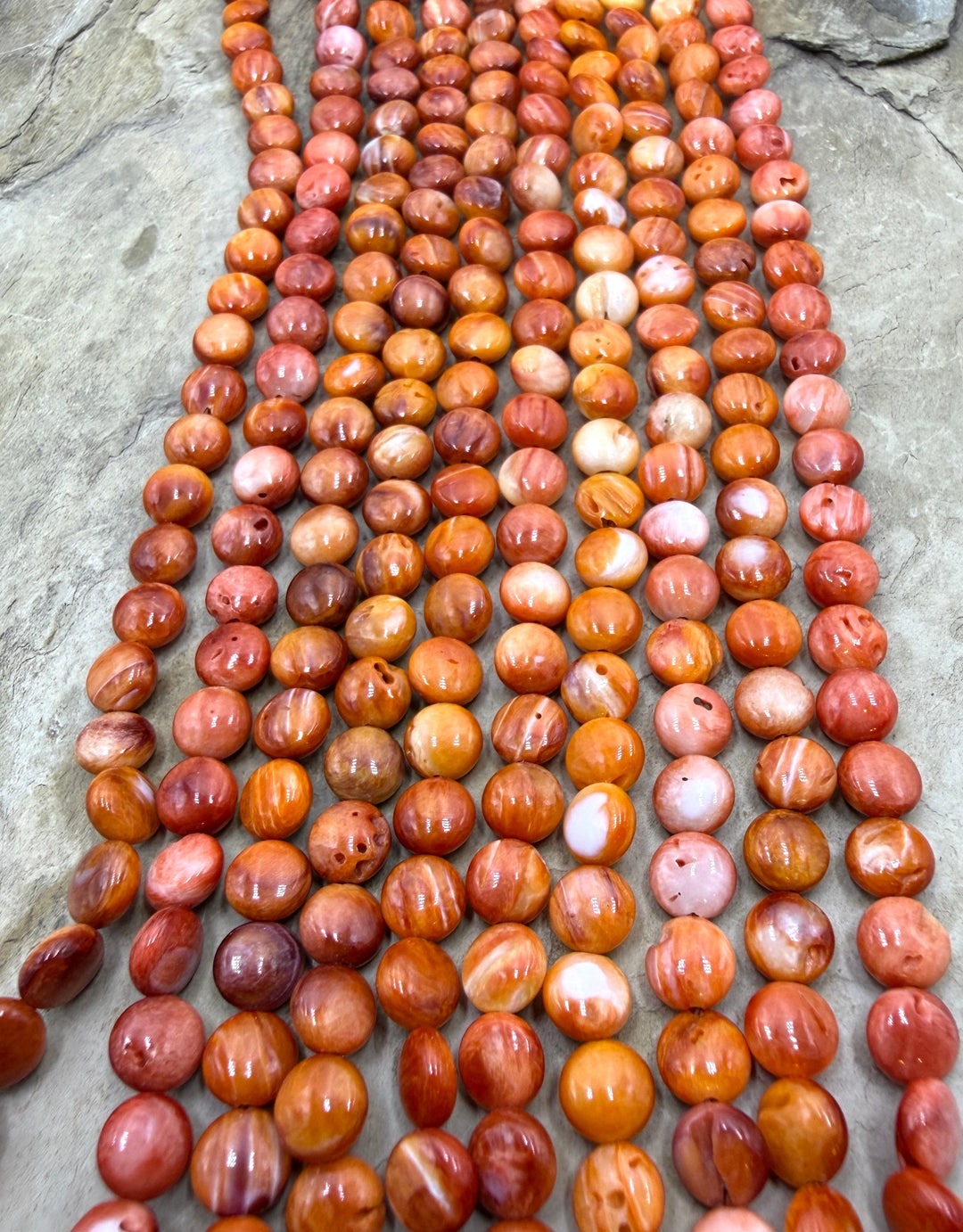 Orange/Red Spiny Oyster 6mm Puffed Coin Beads One 16 Inch