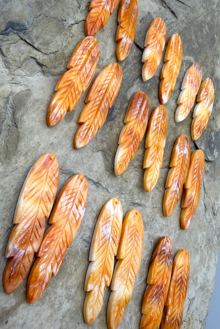 Orange Spiny Oyster Carved Feather Bead Pair 12x45mm