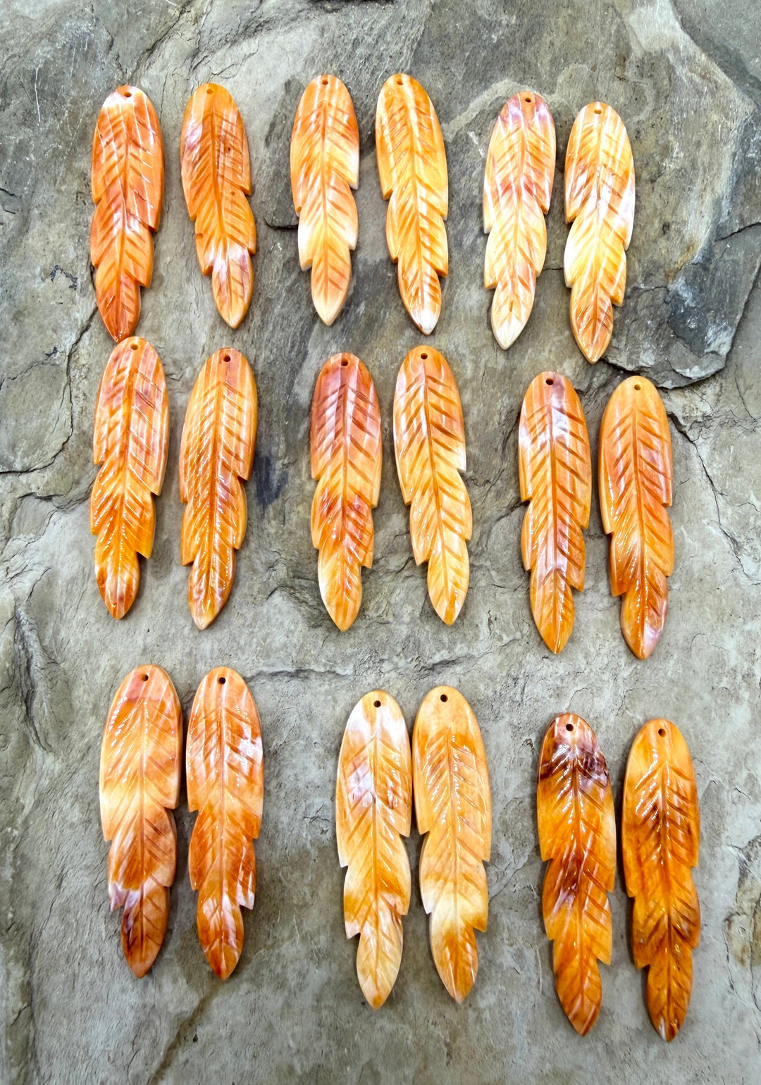 Orange Spiny Oyster Carved Feather Bead Pair 12x45mm