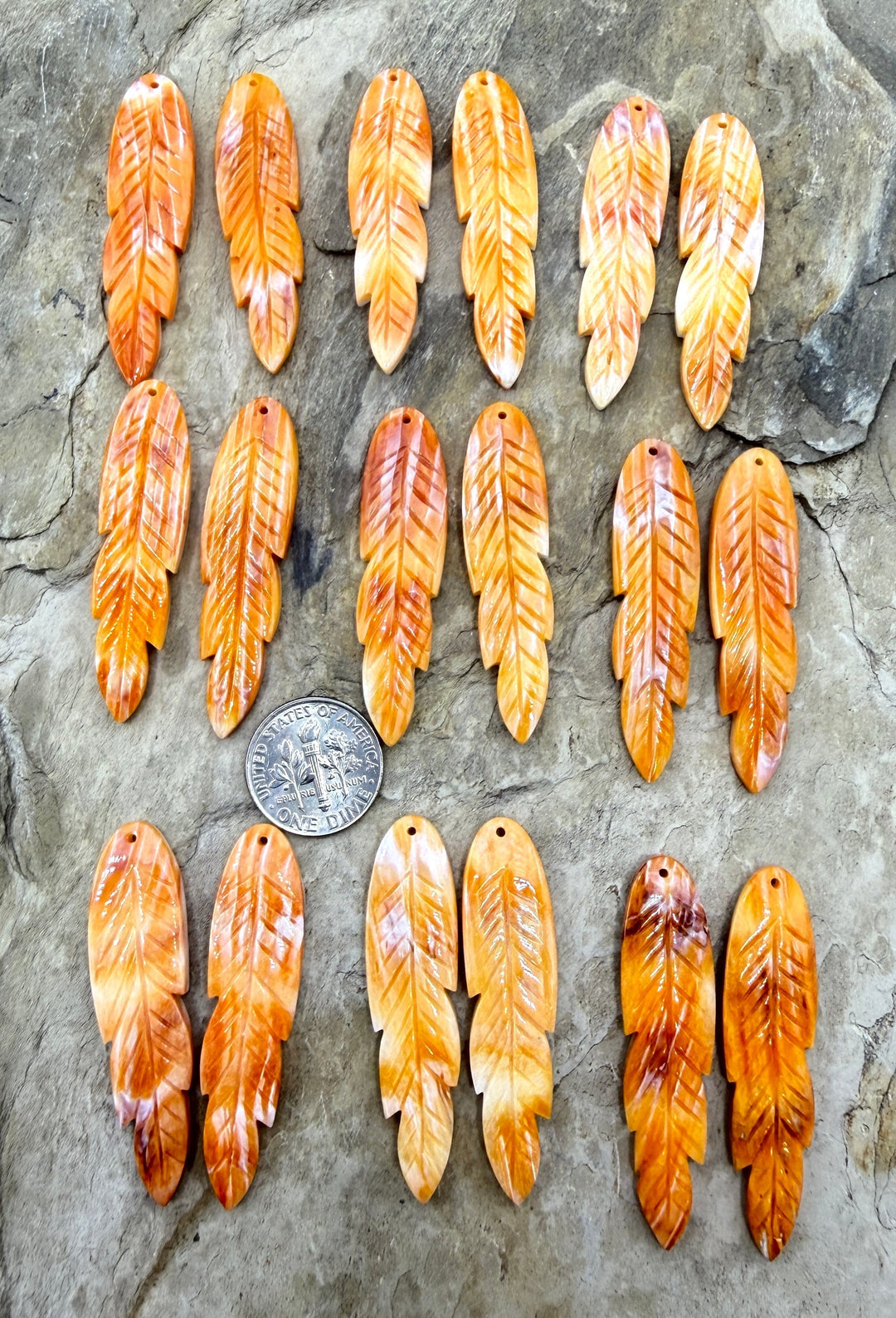 Orange Spiny Oyster Carved Feather Bead Pair 12x45mm