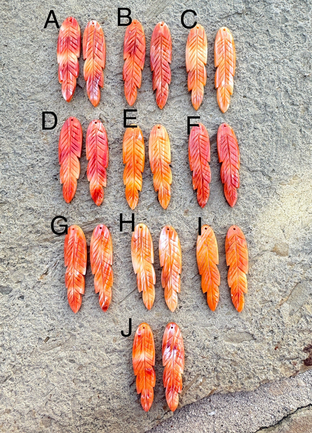 Orange Spiny Oyster Carved Feather Earring Bead Pair