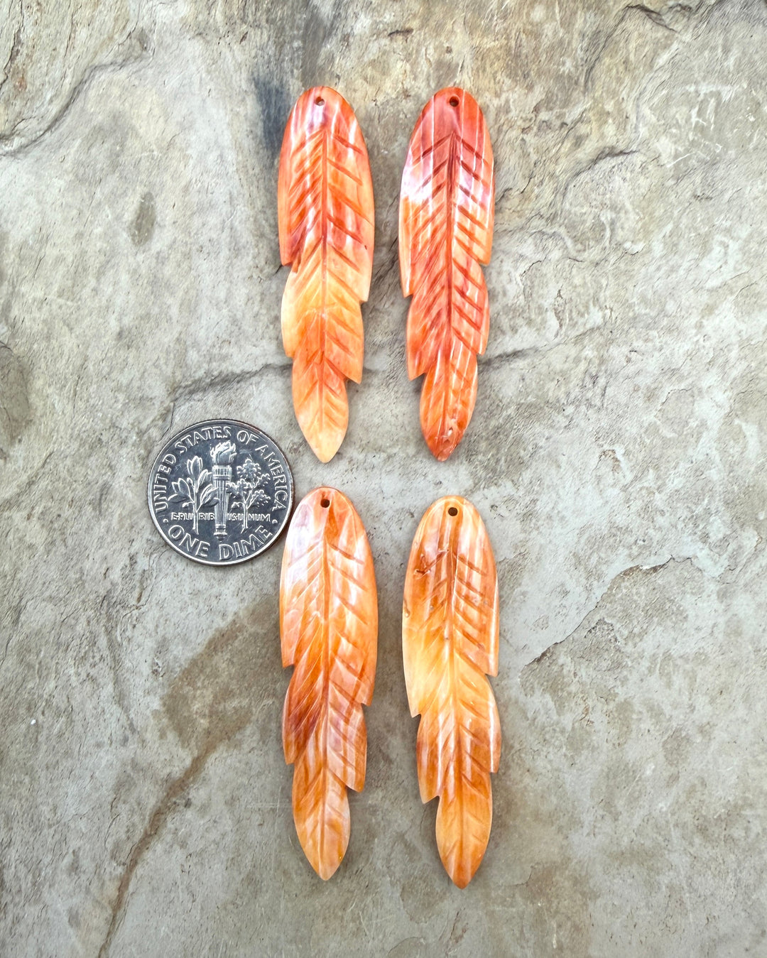 Orange Spiny Oyster Matching Feather Earring Bead Pair